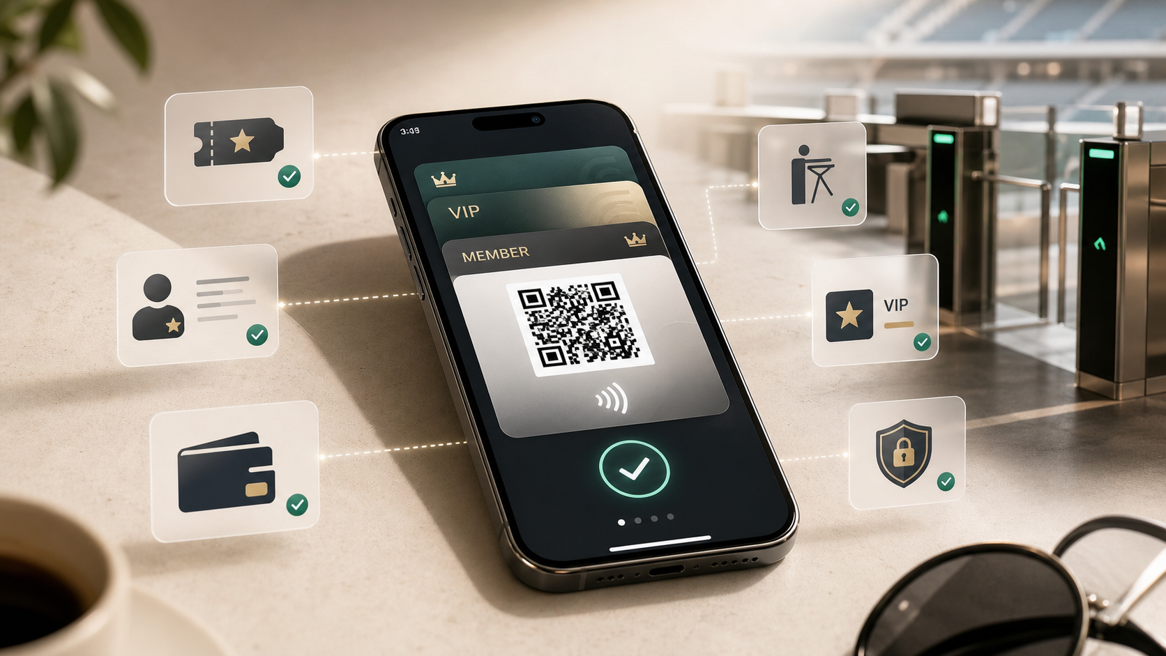 手機 Wallet 電子票券顯示 QR Code、NFC 感應、會員與 VIP 權限，旁邊連接場館閘口驗證流程