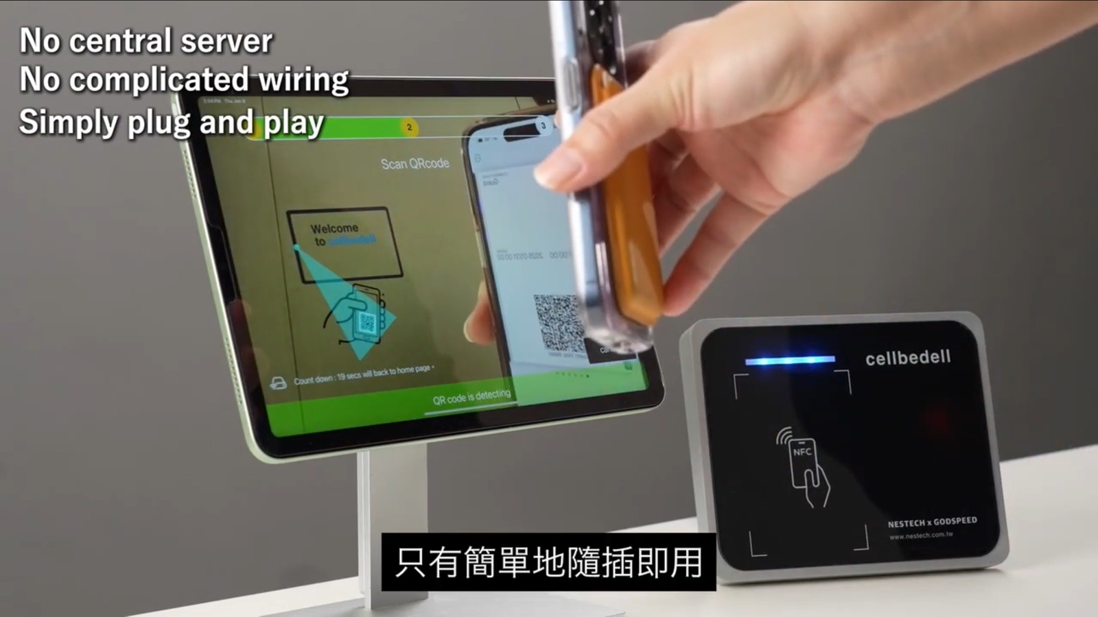 Cellbedell kiosk 支援 QR Code、Wallet Pass 與 NFC 卡驗證，旅客完成 pre check-in 後可到現場快速確認身份與通行權限