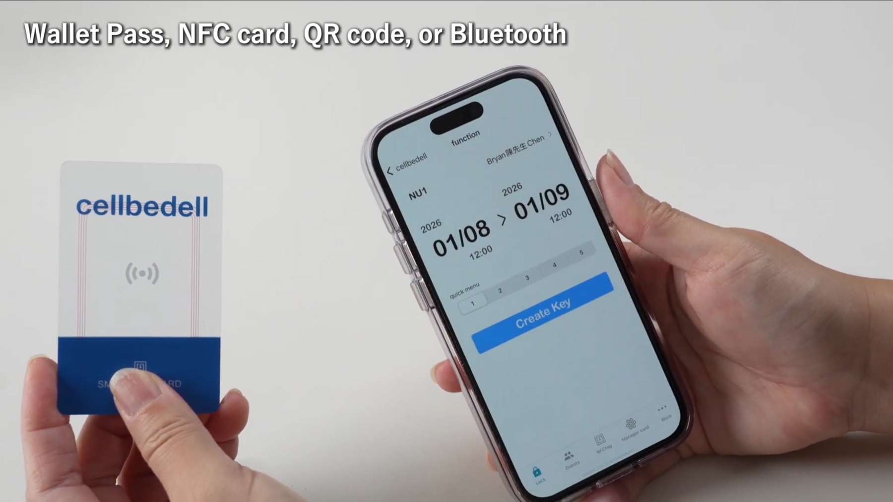 手機與 NFC 房卡在系統中建立金鑰，顯示 Wallet Pass、NFC card、QR code 或 Bluetooth 都能成為通行方式