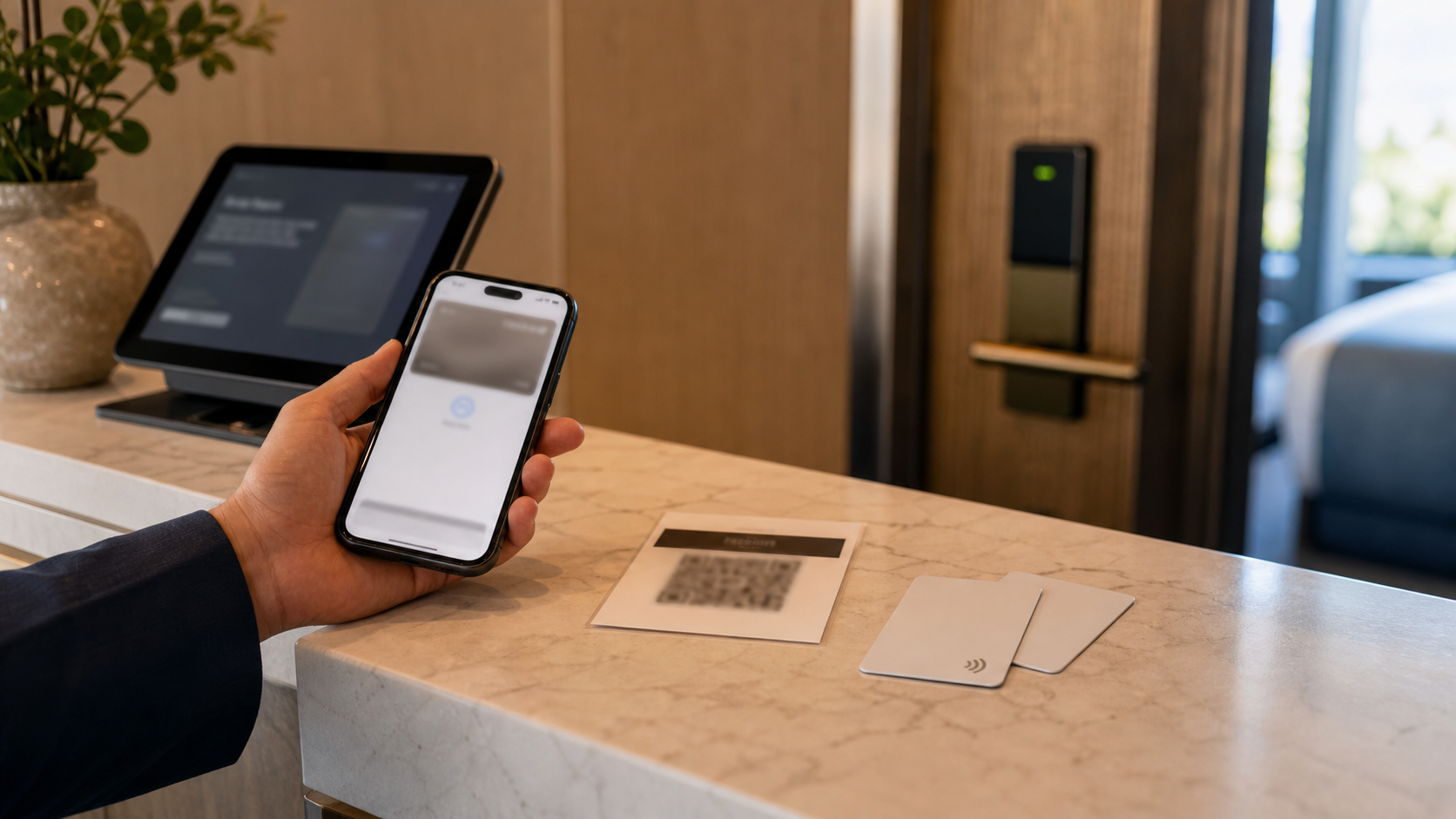 飯店櫃台上同時放著手機 Wallet 憑證、QR pass、NFC 房卡與客房門鎖