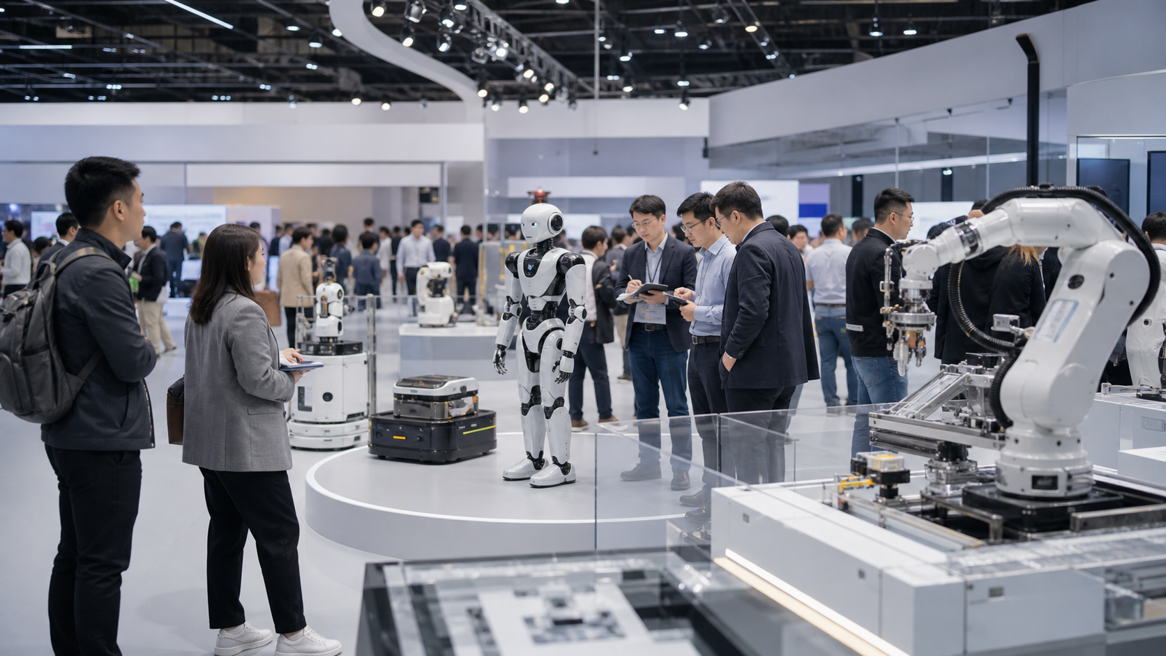 機器人展場中，參觀者觀察人形機器人、工業機械臂與服務機器人